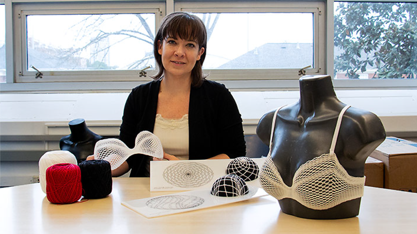 Lisa Marks shows off different phases of the Algorithmic Lace project.