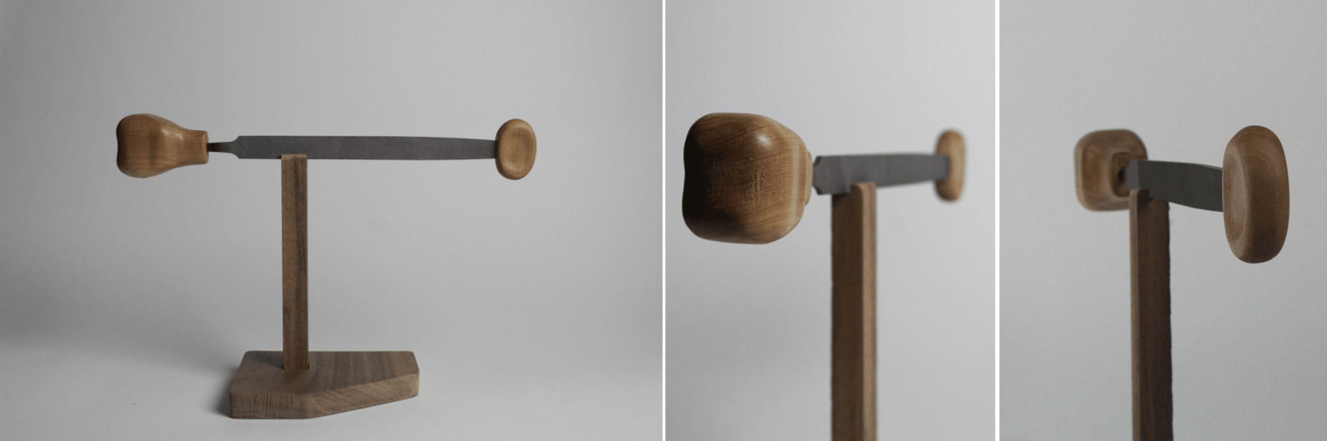 Several angled photos of a long handtool with two wooden handles. 
