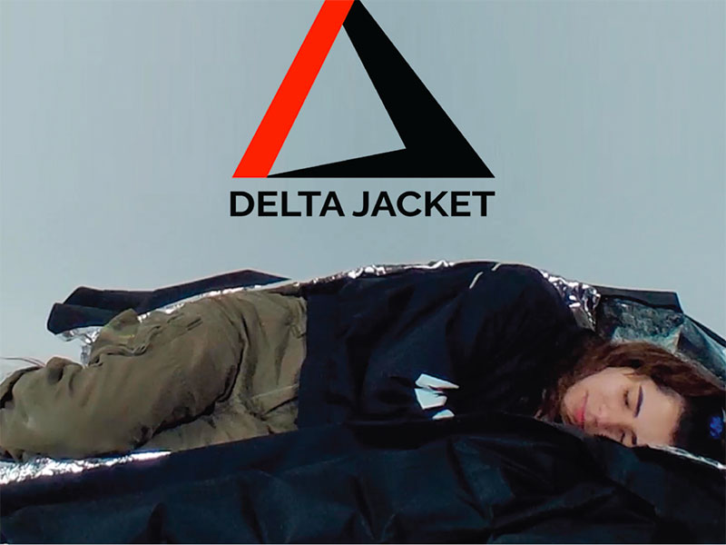 Graphic of Delta Jacket branding with photo of a person lying down in the jacket