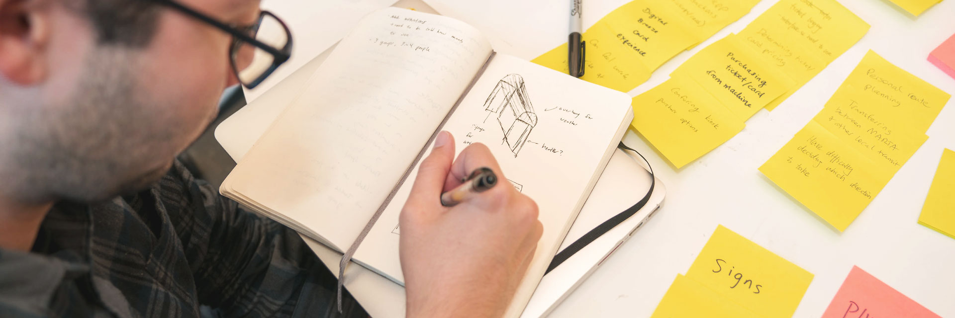 A student sketches while looking at several sticky notes on a desk.